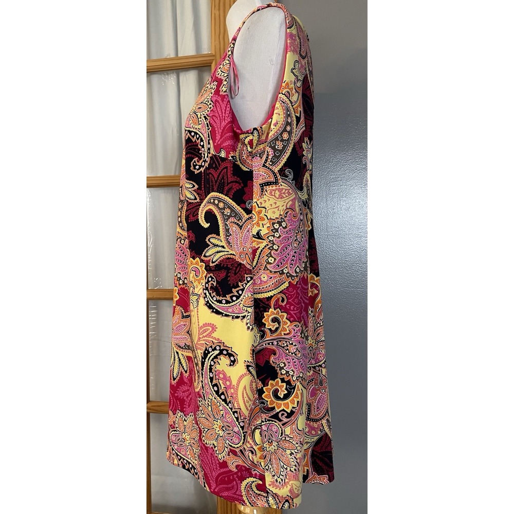90s R&K Paisley Shift Mini Dress Sz 16P Fuchsia Yellow Crisscross Strap Colorful - Picture 2 of 13